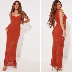 PLT Rust Crochet Frayed Detail Maxi Dress PETITE